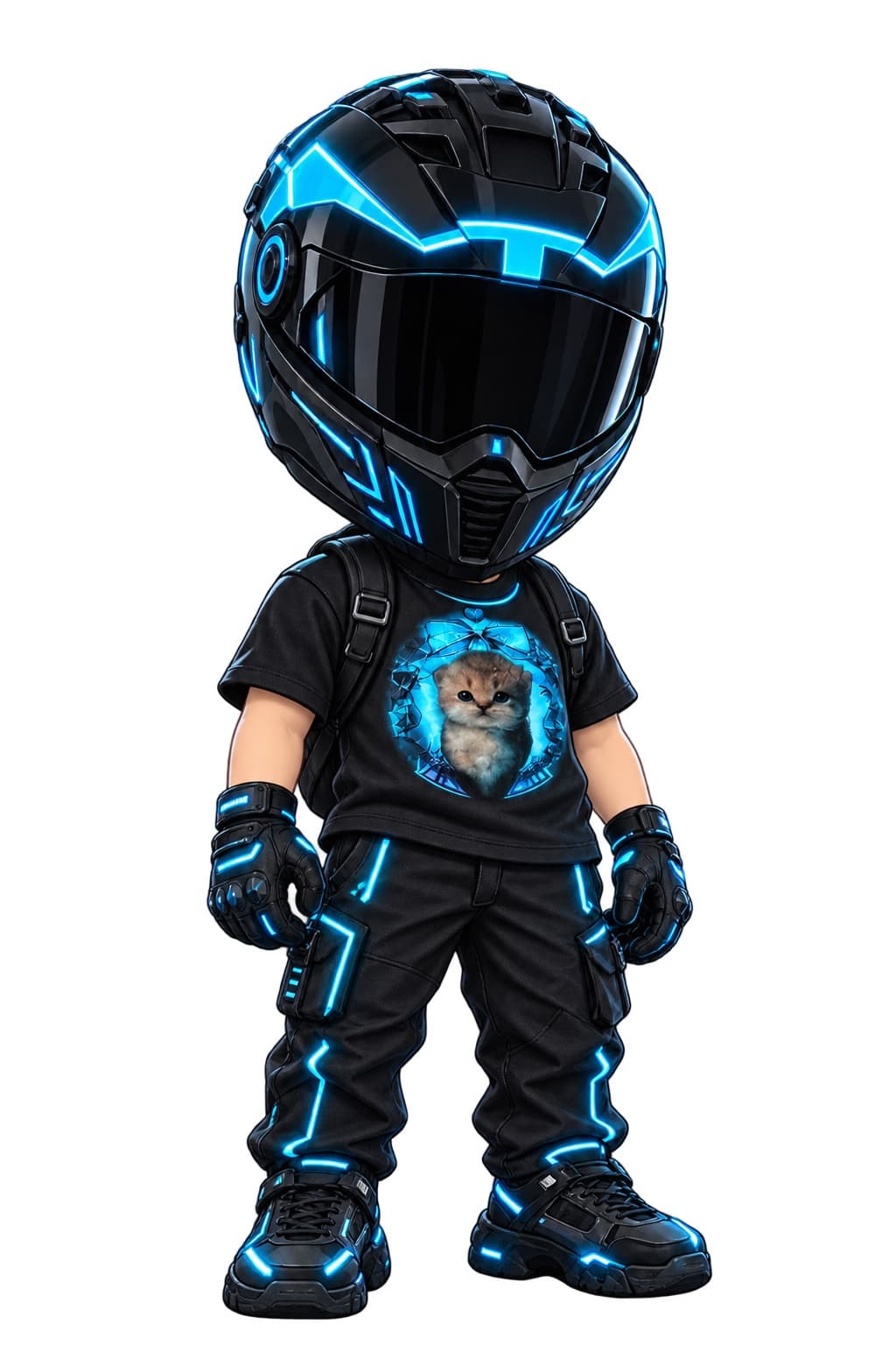 flynn, Ankesh Bharti's AI agent, wearing a black helmet and suit with cyan lights